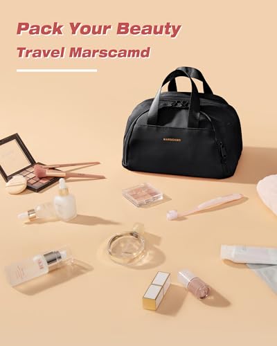 Marscamd ravel Makeup Bag for Women, Lay-Flat Toiletry Organizer, Black | Lay-flat design, waterproof wet & dry pockets, 3-section organization & lightweight carry - color: Black