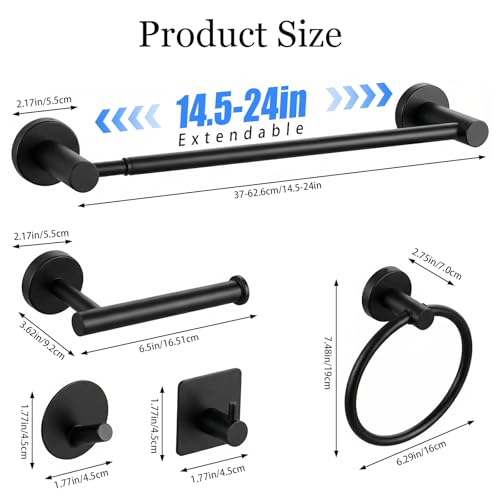 10-Pieces Matte Black Bathroom Accessories Set,Adjustable 14.5-24 Inch Bath Towel Bar Set, SUS 304 Stainless Steel Bathroom Hardware Set, Towel Racks for Bathroom Wall Mounted - color: Black, size: Adjustable 14.5-24 Inch 10 pcs