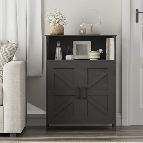 Homhedy Farmhouse Bathroom Storage Cabinet with 2 Doors, Toilet Paper Cabinet with Adjustable Shelf, Small Bathroom Cabinet for Kitchen/Laundry/Living Room, 11.8 x 23.6 x 31.5 Inches, Black - color: Black