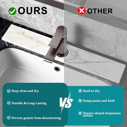Mrcrypos Stone Faucet Mat for Kitchen Sink, 15.7" Fast Drying Sink Splash Guard White Marble Diatomite Mat Around Faucet Absorbent Stone Tray for Kitchen Bathroom Counter - size: 15.7" x 3.9"