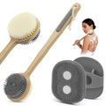 Back Scrubber for Shower + Body Scrubber 2 Pack - Dual Sided Silicone & Nylon Bristles Lather Well, Exfoliating Anti-Slip Wood Long Handle Back Scrubber Body Exfoliator for Wet/Dry Bath Brush Grey - color: Grey
