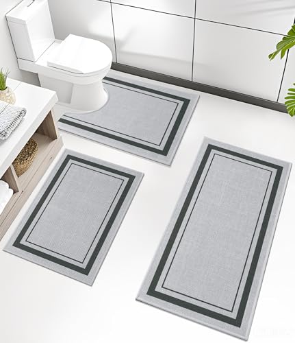 chakme 3 Piece Bathroom Rug Set, Ultra Thin Bath Mat, Absorbent, Non Slip, Machine Washable, Light Grey, 17" x 24" / 17" x 32" / 17.5" x 24" Geometric Design - color: Light Grey, size: 3-Piece (17" x 24" / 17" x 32" / 17.5" x 24")