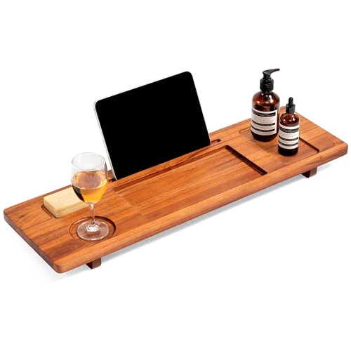 Teak Bathtub Tray for Freestanding Tubs - 29" Heavy-Duty Luxury Bath Caddy, Non-Slip Zero-Wobble Design, Water-Resistant Spa Organizer with Wine Glass & Phone Holder - color: Natural Teak, size: 29 Inch