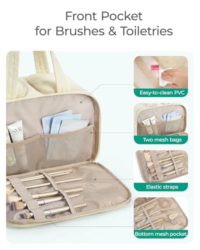 BAGSMART Travel Toiletry Bag, Puffy Large Toiletry Bag for Women, Lightweight Cosmetic Makeup Bag Organizer with Handle for Traveling, Accessories, Essentials, Toiletries （Beige - color: C-Beige