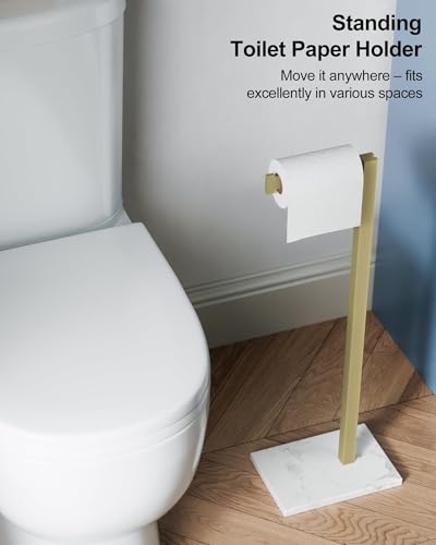 Toilet Paper Holder Stand Brushed Gold SUS 304 Stainless Steel Rustproof Free Standing 22 Inch Rotating Bathroom Tissue Roll Holder for 4 Rolls with Marble Base by HOMEMYSTIQUE - color: Brushed Gold