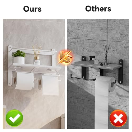 Homeiju Double Toilet Paper Holder with Shelf, Wooden Wall-Mounted Toilet Paper Roll Holder, Wall-Mounted Bathroom Organizer, Double Roll, Suitable for Bathrooms(White) - color: White