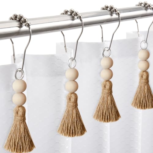 Boho Shower Curtain Hooks Rings Rustproof, CHICTIE Nautical Decorative Shower Curtain Rings with Handmade Wood Beads Tassel, Farmhouse Home Bathroom Bedroom Baby Room Decor Set of 12 (Natural Jute) - color: Natural Jute