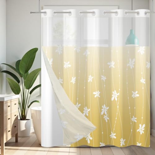No Hook Shower Curtain with Snap-in Liner, Yellow Ombre Bathroom Shower Curtains with Liner Set, Waterproof & Washable, Mesh Top Window, 59" W x 79" L - color: 02 Ombre - Yellow, size: 59"W x 79"L (Pack of 1)