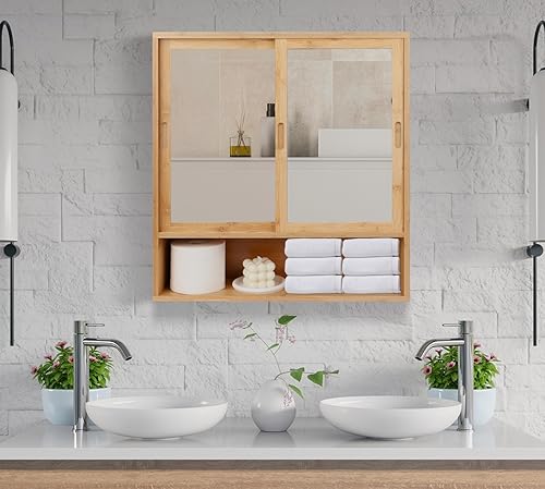ZYBT Bamboo Bathroom Cabinet,Mirrored Medicine Cabinets,Bathroom Cabinet Wall Mounted with Storage,Medicine Cabinets with Mirror,Over The Toilet Storage with 2 Sliding Doors - color: Bamboo Mirror