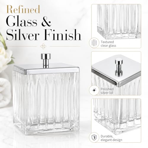 Vince Camuto Home Glass Cotton Jar Holder – Silver Lid, Elegant Bathroom Storage Canister for Qtips, Cotton Balls, Floss, Makeup Organizer, Vanity & Bathroom Organization - color: CLEAR GLASS SILVER LID