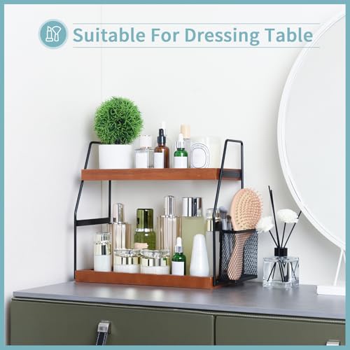 Bathroom Counter Organizer, 2-Tier Standing Storage Shelf with Basket, Wood Tray for Skincare Vanity Organizer(Brownish) - style: 2 Tier Brownish
