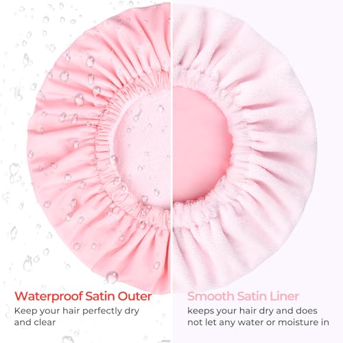 Pink Shower Cap for Women Terry Lined Bath Cap Large Reusable Waterproof Elastic Band Shower Caps for Long Thick Hair Soft Bath Shower Hair Caps - color: PINK