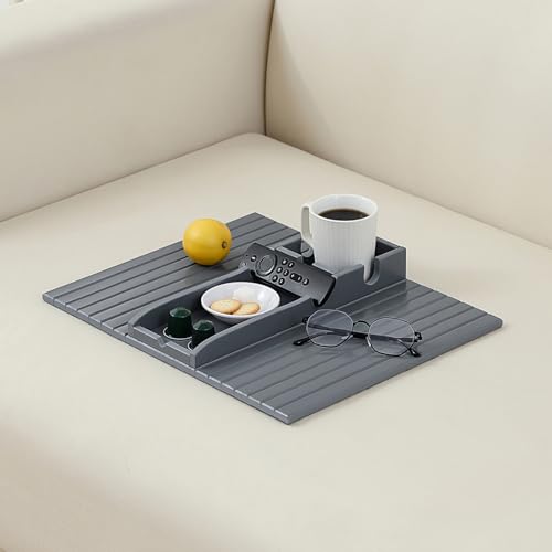 Bamboo Couch Cup Holder Arm Tray，Foldable Couch Drink Holder Armrest Table，Sofa Arm Rest Tray，Flexible Arm Chair Table Recliners for Drink,Cups, Snacks, Phone, Remote (Grey) - color: Grey