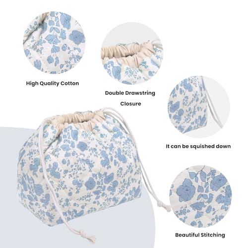 Gosect Large Makeup Bag, Cute Drawstring Cosmetic Bag with Canvas Lining, Floral Coquette Aesthetic Toiletry Bag, Travel Make Up Organizer Bag for Women and Girl (Blue Flower) - color: 035Blue Flower