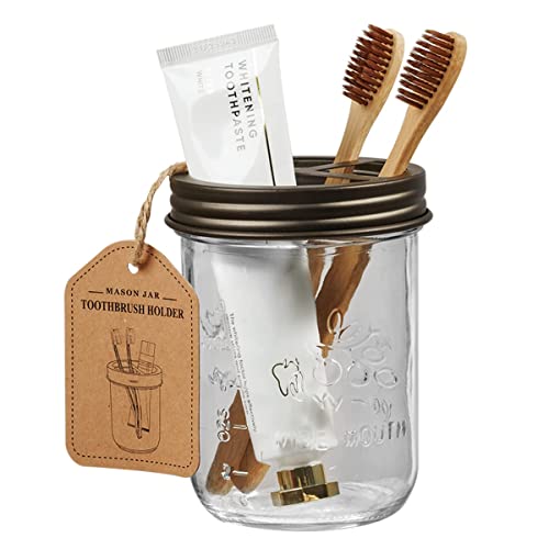 Amolliar Mason Jar Bathroom Accessories Set(4 Pack) - Foaming Soap Dispenser&Qtip Holder Set&Toothbrush Holder-Rustic Farmhouse Decor Bathroom Organizer Apothecary Jar Country Countertop (Bronze) - size: Bronze, style: Wide-mouth