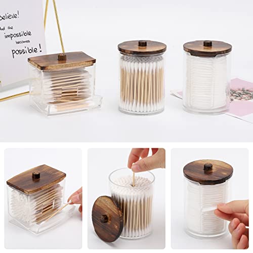 Tbestmax Bathroom Organizer Accessories Set-10 OZ Qtips Holder Storage with Wood Lids, Cotton Ball/Swabs Dispenser, Apothecary Container Jar 3 Pcs - color: Group B-Brown Wood