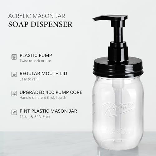 Amolliar Plastic Mason Jar Soap Dispenser with Pump Lid,16OZ Refillable BPA-Free Hand Soap Dispenser Set with Cute Lables - Farmhouse Decor for Kitchen/Bathroom,Liquid Soap,Dish Soap, Lotion (2 Pack) - color: Black