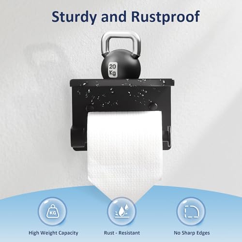 BGL Toilet Paper Holder with Shelf, Matte Black Rustproof Adhesive or Drill Installation Fits Mega Rolls Bathroom Tissue Holder - color: Black