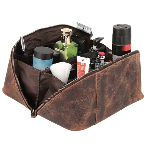 KomalC Luxury Leather Men’s Toiletry Travel Bag – Handmade Shaving Kit with Waterproof Interior, Spacious Storage & Carry Handle – leather travel Kit Bag for Men & Women (Dark Brown) - color: Dark Brown