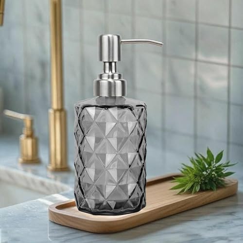 12Oz Gray Glass Soap Dispenser with Stainless Steel Pump, Refillable Kitchen Liquid Hand Soap Dispenser with Diamond Design, for Dispense Hand soap, Dish Soap, Lotion, Bathroom, Countertop, Hotel - color: Diamond Gray