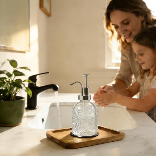 11.8Oz Vintage Glass Bathroom Soap Dispensers with Silver Pump, Refillable Kitchen Dish Soap Dispenser with Embossed Leaf, Modern Farmhouse Hand Soap Liquid Bottle -2 Pack - color: Clear/White Silver, size: 2Pack