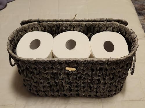 Coeusy Toilet Paper Storage Basket with Lid,Wicker Toilet Paper Holder Stand,Narrow Decorative Woven Bathroom Basket Organizer,Free Standing Grey - color: Grey