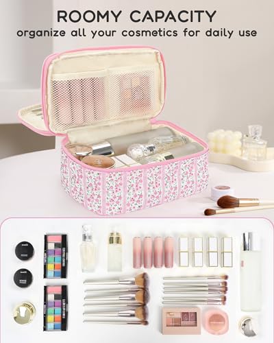 Relavel Cute Makeup Bag for Girls, Portable Pink Cosmetic Bag, Dual-layer Makeup Pouch with Brush Holder, Multi-Functional Preppy Toiletry Organizer for Travel, Daily Use - Pink Flower - color: 01C-Floral Pink, size: MEDIUM