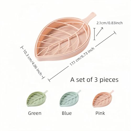 Leaf-Shaped Soap Dish Set, 2-Tier Soap Holder Drain Rack, Leaf Design - No Drill Wall Mount, Detachable Bathroom Organizer for Shower Sink (Pastel Green/Blue/Pink)