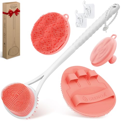 Silicone Back & Body & Face Scrubbers Set 4PCS, 15.35’’ Soft Back Scrubber for Dual-Side Usage, Easy-to-Hold Bath Glove Body Scrubber Face Scrubber for Good Foaming & Deep Cleaning(Pink) - color: 02pink*4