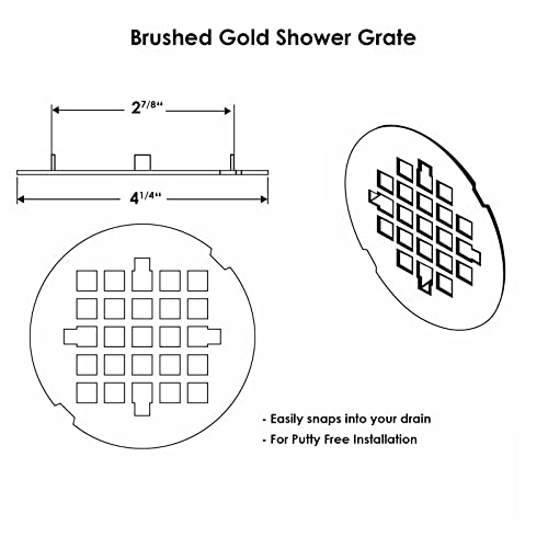 4 ¼” Brushed Gold Snap-in Shower Drain Cover - Gold Replacement - 4.25" OD Shower Drain Strainer - Easy Install - Premium Round Shower Drain Cover - Solid Brass Construction - color: Brushed Gold