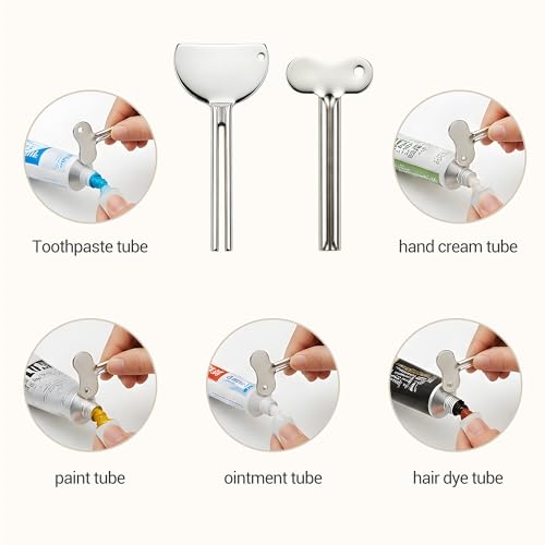 2-in-1 Stainless Steel Toothpaste Squeezer Set, Metal Tube Key & Spatula Scraper, Reusable Tube Wringer Roller Dispenser Tool for Toothpaste, Ointment, Cream, Paint, Cosmetic (2 Pack, Silver)