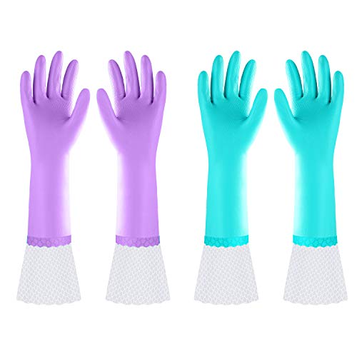 Elgood Reusable Long Dishwashing Cleaning Gloves with Latex Free, Long Cuff,Cotton Lining,Kitchen Gloves 2 Pairs,Purple+Blue Medium - color: Long Cuff-purple+blue, size: Medium (Pack of 2)