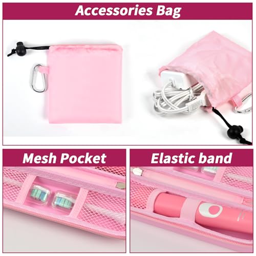 Comecase Electric Toothbrush Case with Pouch for Oral-B&Sonicare | Compact Hard EVA Toothbrush Case for Brush Heads, Cables and Small Travel items, Wipe-Clean Lining and Carabiner, Pink - color: Pink, size: Compact Size
