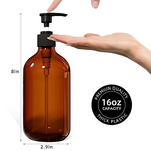 2PCS Amber Dish Soap Dispenser for Kitchen (16 Oz), Brown Hand Soap Dispenser for Bathroom, Plastic Soap and Liquid Dispenser Set with Rust Proof Pump, Refillable Soap Pump Bottles, Waterproof Labels - color: Amber