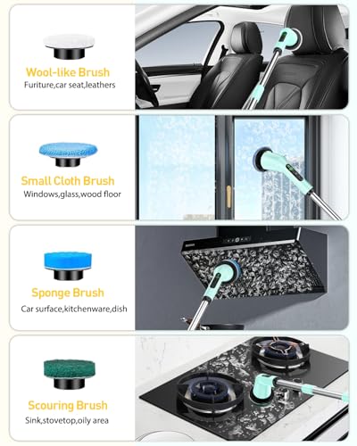 Shower Scrubber with Long Handle, Bathroom Cleaner Brush with 8 Floor Machine Pads, Cordless Electric Spin Scrubber for Cleaning with 2 Speed, Cleaning Supplies for Bathtub Kitchen Floor Mint - color: Mint Green, size: 8 Brush Heads