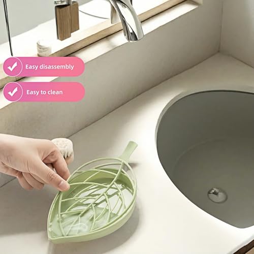 Leaf-Shaped Soap Dish Set, 2-Tier Soap Holder Drain Rack, Leaf Design - No Drill Wall Mount, Detachable Bathroom Organizer for Shower Sink (Pastel Green/Blue/Pink)