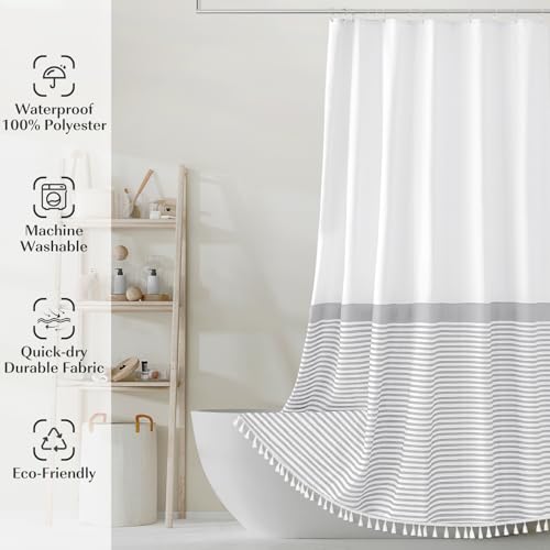 Seasonwood Tassel Fabric Shower Curtain White Gray Striped 78-Inch Bathroom Curtain Set with 4'' Fringes, Spa Hotel Heavy Weighted Bath Curtains Nordic Chic (72 x 78, White) - color: Grey and White, size: 72"W x 78"L (Pack of 1)