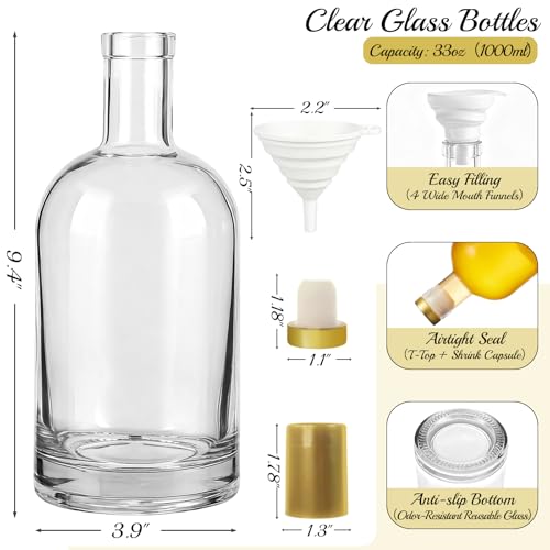 TBWIND 4 Pack 32oz/1000ml Clear Glass Bottles with T-Top Cork Stoppers | Thick heavy base airtight wine & liquor bottles. Ideal for beverages, whiskey, oil, vinegar, wedding favors & crafts - color: 32oz/ 1000ml, size: Clear