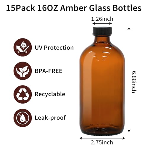 15 Pack 16oz Amber Glass Boston Round Bottles with Phenolic Polycone Caps – Airtight, Leak-Proof Brown Glass Containers for Kombucha Brewing, Storing Condiments, Essential Oils, and Homemade Solutions - size: 16oz