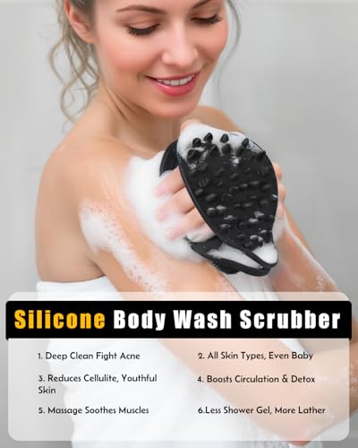 2 in 1 Silicone Body Scrubber, Anti Cellulite Massage Scrubber, Exfoliating Shower Brush for Men & Women, Removes Dead Skin, Reduces Cellulite, Improves Circulation, Fast Dry, Non Slip (1PC, Black) - color: Black, size: 1PC