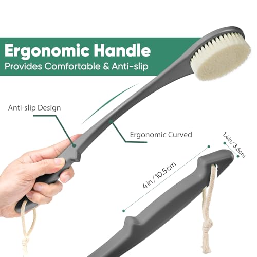 Back Scrubber for Shower, 17-Inch Shower Brush for Men and Women, Long Handle Exfoliating Body Brush, Medium Bristle Stiffness for Dry or Wet Brushing (Deep Gray) - size: 17 in - Deep Gray
