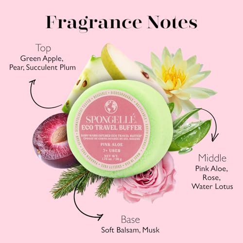 Spongelle Pink Aloe Eco Collection Travel Body Buffer Body Scrubber | Bath & Shower Loofah for Men & Women | Biodegradable, Cruelty-Free, Vegan, Dermatologist-Tested, Made in USA | 7+ uses