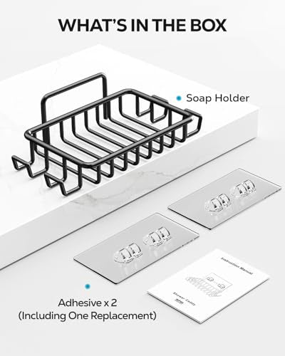 Nieifi Soap Dish Holder with 4 Hooks Stainless Steel Black Adhesive for Shower, Bathroom - color: Black, size: 1 Pack