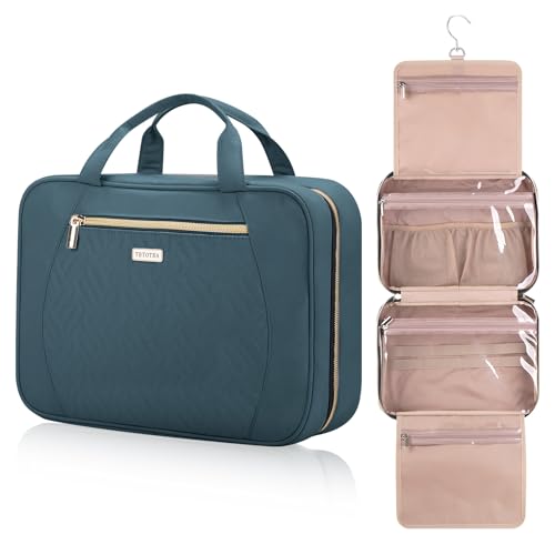 Hanging Toiletry Bag for Women Travel, 2 Sizes Large & Small Waterproof Cosmetic Organizer with 4 Compartments, Rotating Hook, Foldable Pink Travel Bag for Toiletries & Makeup Medium Lake Blue - color: Lake Blue, size: Medium