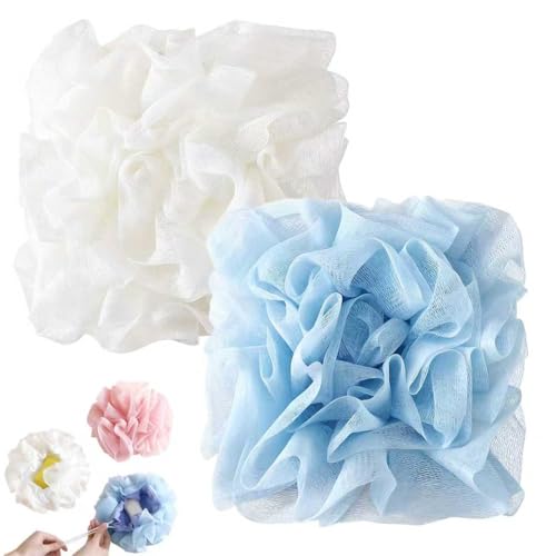 2 in 1 Loofah Sponges 2-Pack Dual-Sided Exfoliating Bath Sponges for Shower & Loofah Washcloth for Bar Soap Premium Body Scrubber with Drawstring for Gentle Skin Smoothing - Blue＆Beige - style: Blue＆Beige