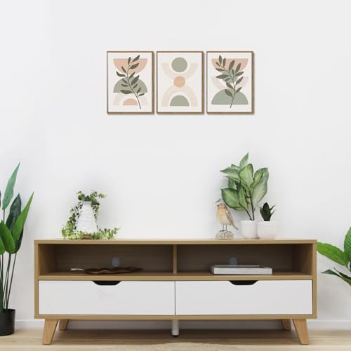 Bwodke Boho Wall Art, Framed Abstract Wall Art, Green Botanical Neutral Canvas Wall Decor, Large Mid Century Plant Pictures Set of 3, Modern Minimalist Paintings, for Bedroom Living Room Bathroom - color: Boho Green, size: 12"x16"Natural