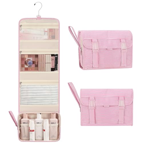 Relavel Hanging Toiletry Bag for Women, Large Makeup Travel Bag with Separate Compartments, Water Resistant Toiletries Bag for Travel Accessories, Portable Bathroom Bag for Trip Camping- Pink Strip - color: 01 Pink Strip, size: Large