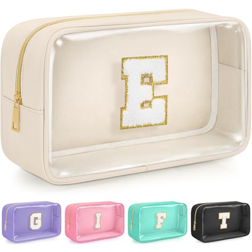 Initial Clear Makeup Bag, Birthday Gift Preppy Chenille Patch Cosmetic Bag, Initial Travel Essentials Beach Toiletry Pouch, Ideal Gift for Teachers & Moms, Women and Girls (Beige, E) - color: Beige, style: E