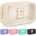 Initial Clear Makeup Bag, Birthday Gift Preppy Chenille Patch Cosmetic Bag, Initial Travel Essentials Beach Toiletry Pouch, Ideal Gift for Teachers & Moms, Women and Girls (Beige, E) - color: Beige, style: E
