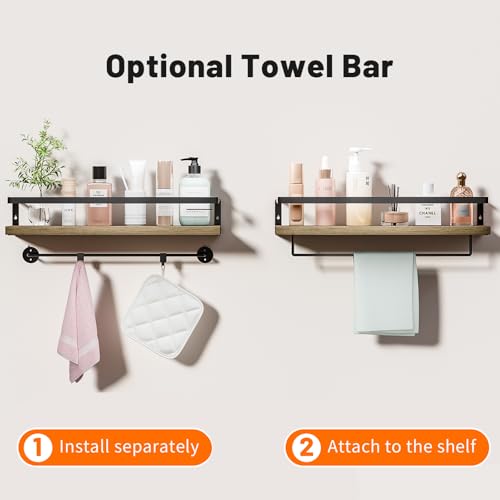 Bathroom Shelves with Towel Bar, Wood &Metal Frame, 2 Pack(Light Brown) | Floating Shelves for Bathroom, Kitchen, Living Room, Bedroom - color: Light Brown